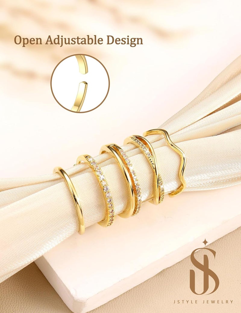 Jstyle Gold Stackable Rings for Women Non Tarnish Open Adjustable Rings Cubic Zirconia Thin Thumb Silver Ring Set 14K Gold Filled Pinky Knuckle Stacking Set - Dainty Statement Promise Band Ring Sets - Image 4
